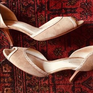 Ann Taylor Neutral Suede Snakeskin Open Toe Heels